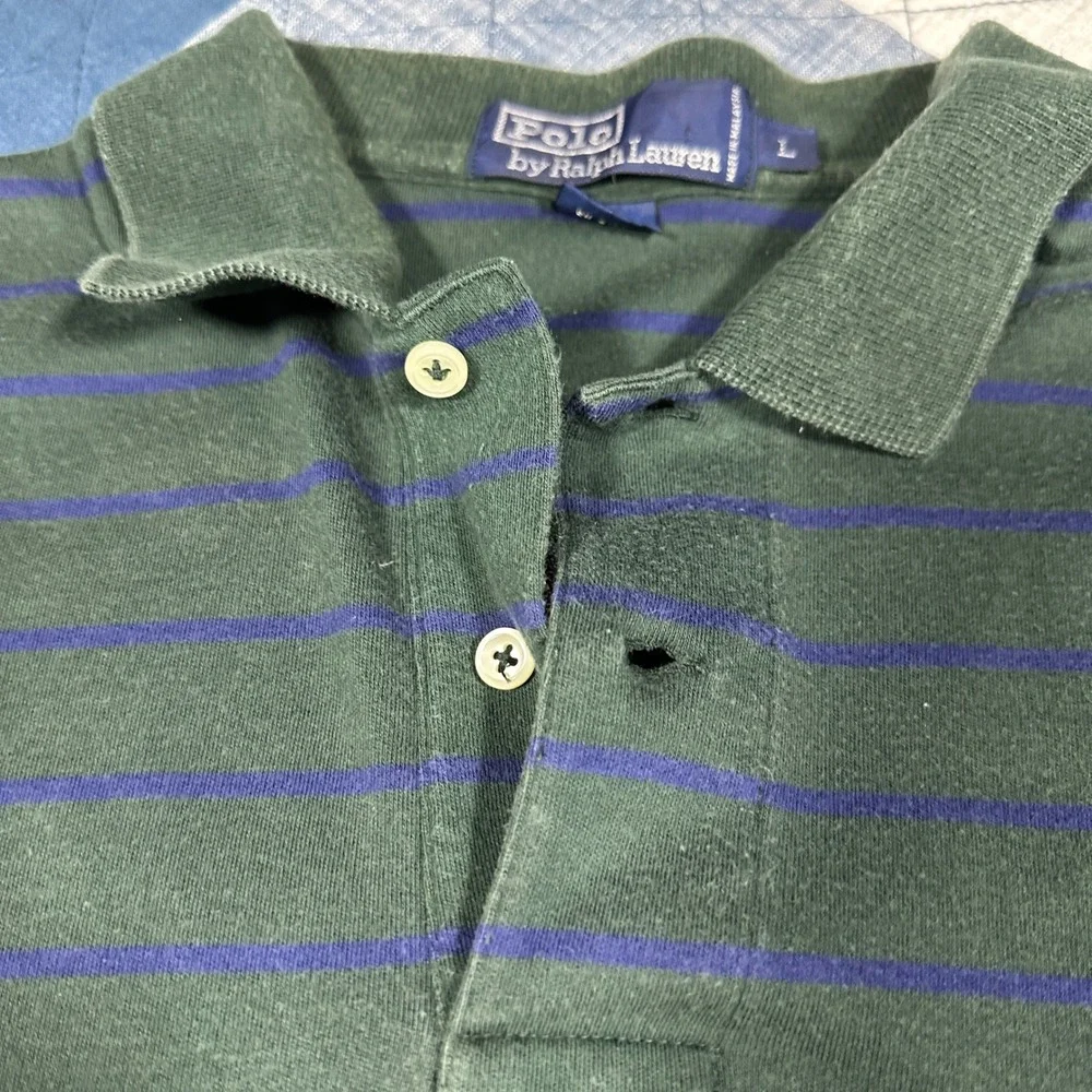 VTG Polo Ralph Lauren Mens Large Green Blue Pin Striped Short Sleeve Golf Shirt